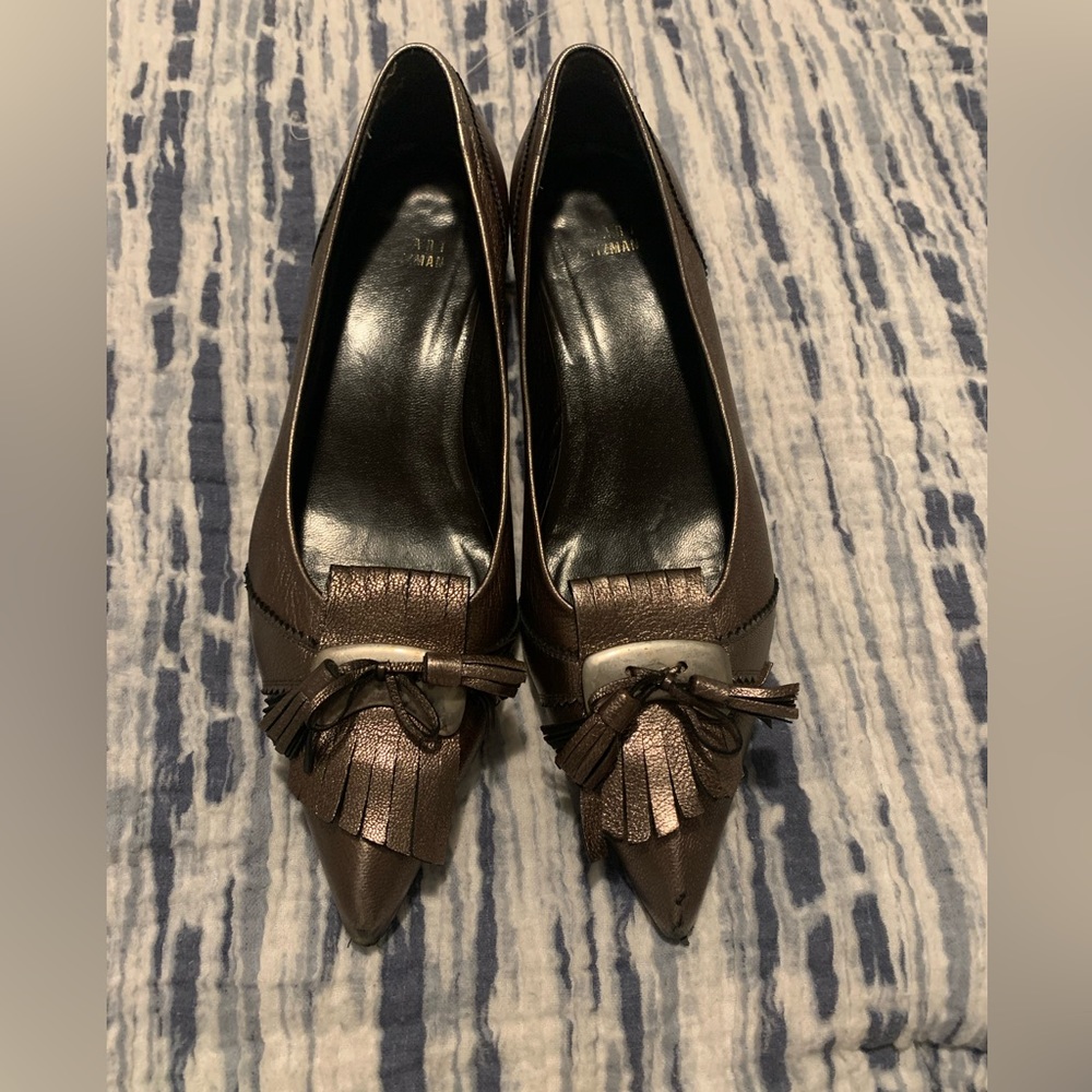 Stuart Weitzman Bronze Leather Low Heel Tassel Shoes Sz 7.5 - Picture 4 of 7